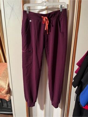Figs Women's Burgundy Jogger Scrub Pants with Coral Drawstring